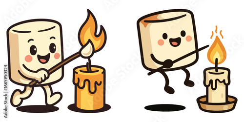 The first image features a cartoon character holding a stick and lighting a candle. The second image shows the same character holding a marshmallow