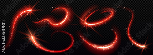 Glowing red sparkle magic trails with luminous curves and star bursts on transparent background. Fiery light streaks in swirling patterns with particles for fantasy effects or energy motion graphics