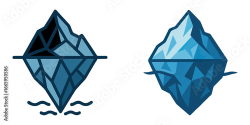 The two blue ice sculptures are different in size and shape. One is a large, triangular ice sculpture with a blue base, while the other is a smaller