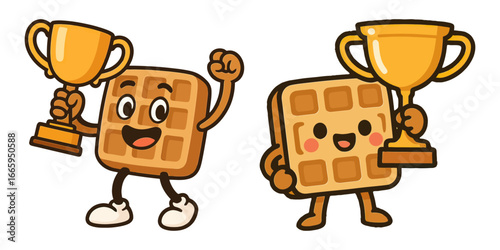 Two cartoon characters holding up a trophy. One is smiling and the other is holding a trophy. The trophy is yellow and has a gold rim