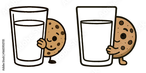 A cartoon character holding a cookie in a glass of milk. The cartoon character is smiling, and the scene has a happy and playful mood
