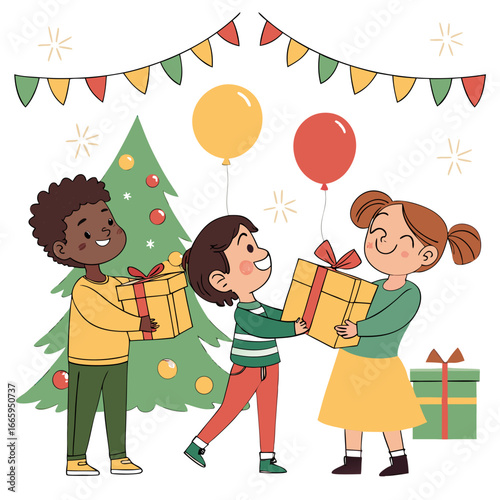 Children exchanging christmas gifts in a classroom setting isolated on white background isolated on transparent background