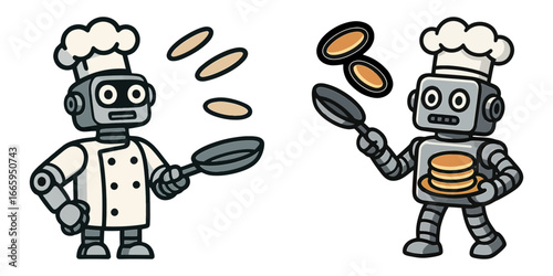 Two robots are cooking pancakes. One robot is holding a pan and the other is holding a stack of pancakes