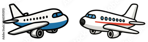 Two cartoon airplanes are shown side by side. The planes are blue and white. The blue plane is on the left and the white plane is on the right