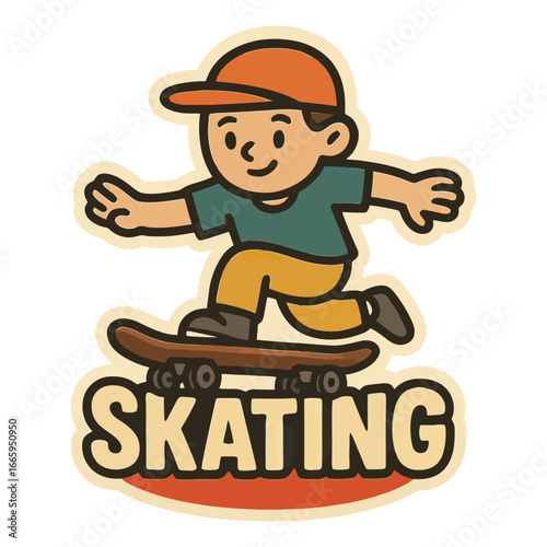A boy is skateboarding and the word "skating" is written below him. The image has a playful and energetic mood