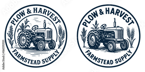 Two different logos for a farm equipment company. The first logo features a tractor with a black and white design