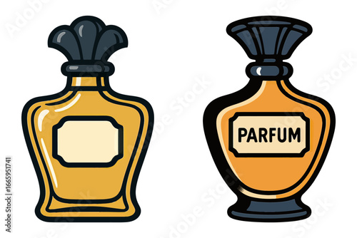 Two perfume bottles, one of which is labeled Parfum. The bottles are yellow and black