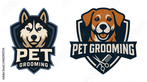 A logo for pet grooming is shown on the left side of the image. A logo for a dog grooming business is shown on the right side of the image