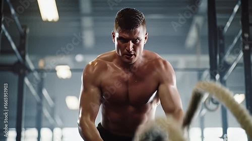 Shirtless, muscular man intensely works out with thick ropes in a gym setting