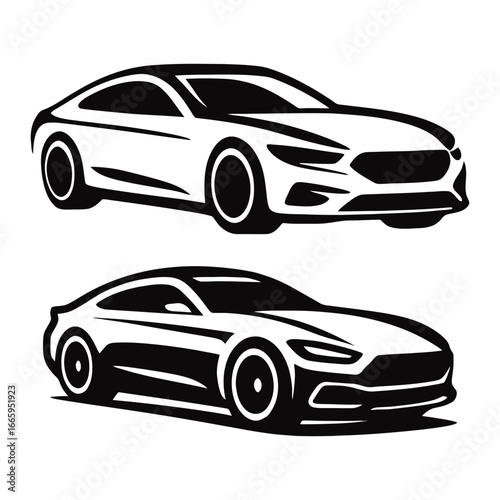 Two cars are shown in black and white. The first car is a sports car with a long hood and a large wheel