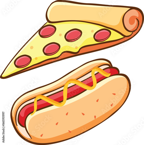vector illustration of hot dog and slice of pizza