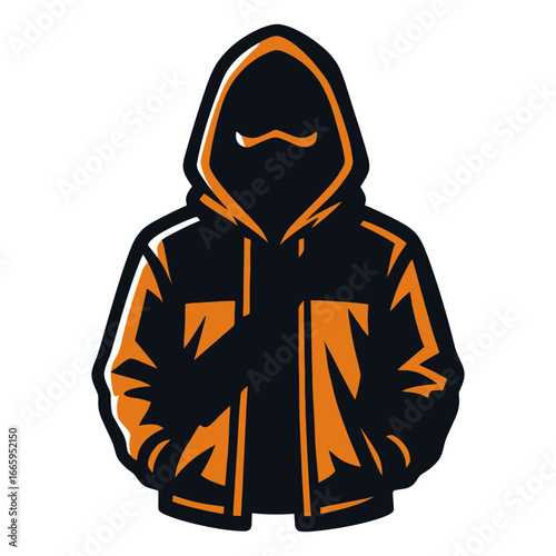 A hooded man with a black jacket and orange hoodie. The hoodie is pulled up over his head