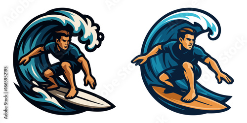 The first image shows a man surfing on a white surfboard. The second image shows the same man surfing on a blue surfboard