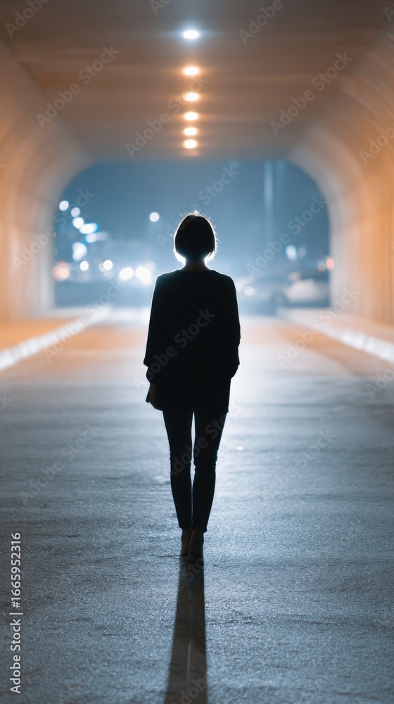 Fototapeta premium Silhouette of a woman standing at the entrance of an urban tunnel at night, moody and mysterious setting 