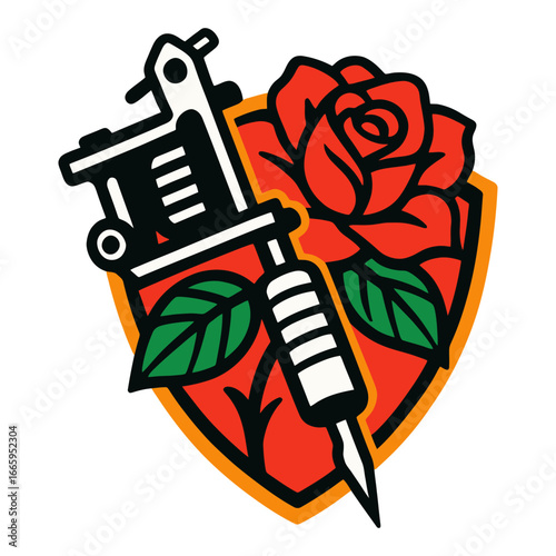 Tattoo parlor logo with a rose and a needle. The logo is red and green. The rose is in the center of the logo and the needle is on the left side