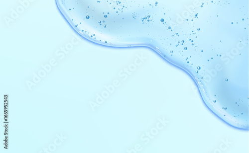 Blue gel texture background with flowing wave pattern and scattered bubbles for cosmetic product design. Smooth liquid surface with organic curves and translucent droplets on light azure backdrop.