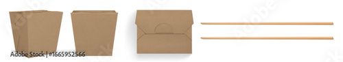 Beige paper bag containers - kraft takeout boxes and wooden chopsticks for food packaging or delivery. Eco friendly cardboard materials for restaurant, catering or sustainable dining services.