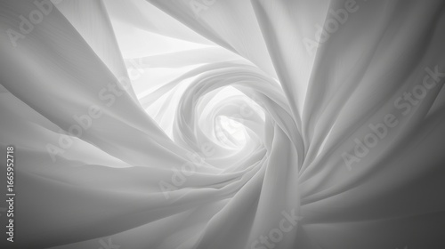 A white fabric forms a spiral pattern, creating a sense of depth and movement.
