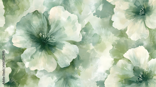 A seamless pattern of large, soft green pastel flowers with soft brushstrokes and a watercolor texture. Abstract floral background illustration.