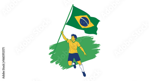Energetic graphic of a Brazilian athlete celebrating with the national flag, capturing the spirit of sports and national pride in a vibrant illustration