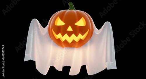 Spooky glowing pumpkin ghost floats eerily on black background