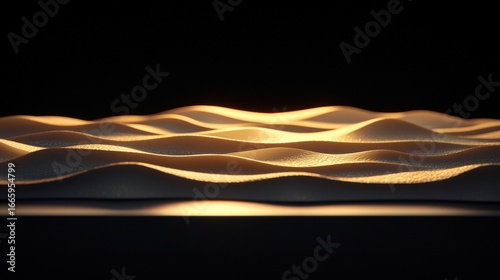 A digital rendering of a wave-like surface illuminated by a warm, golden light.