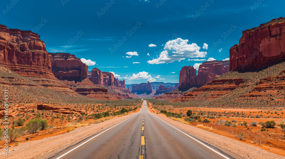 Fototapeta premium Scenic desert road through red rock landscape