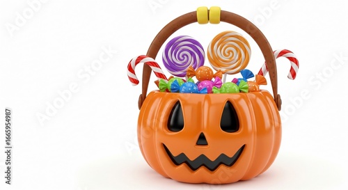 Festive Halloween pumpkin basket overflowing with colorful candies and lollipops