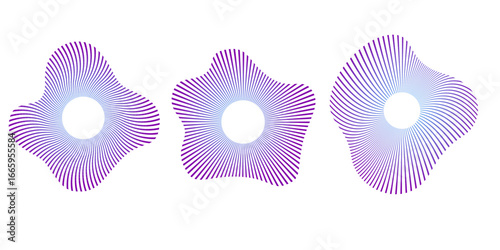 Concentric ripple wave icons set. Broken circle line elements depicting sound, vibration, sonar, speaker, equalizer, and ultrasonic echo symbols for modern music and tech designs.