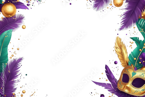 Mardi gras carnival mask with purple and green feathers and gold beads, isolated on transparent background