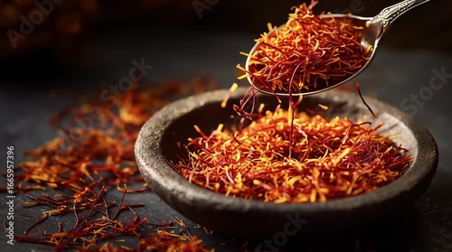 Close up of saffron threads falling gently from spoon into rustic stone bowl with scattered strands on dark background showing organic luxury spice seasoning for gourmet cooking and natural ingredient