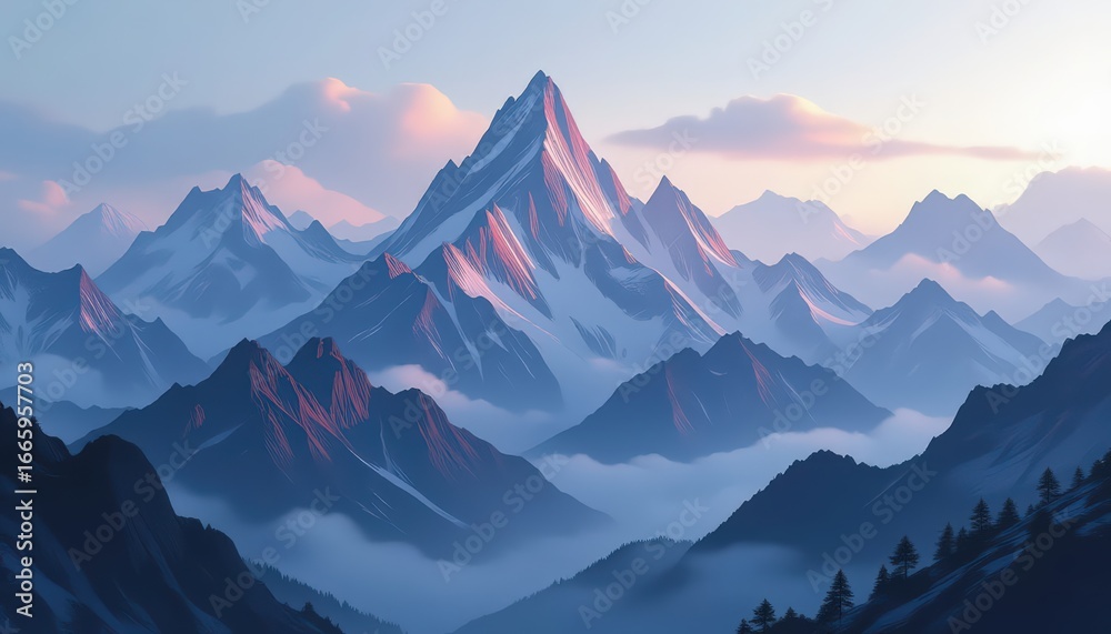 Obraz premium Surreal landscape of a mountain range shaped like a digital soundwave, where peaks resemble audio frequencies. The sky and mountains are designed with liquid marble patterns, blending pastel and metal
