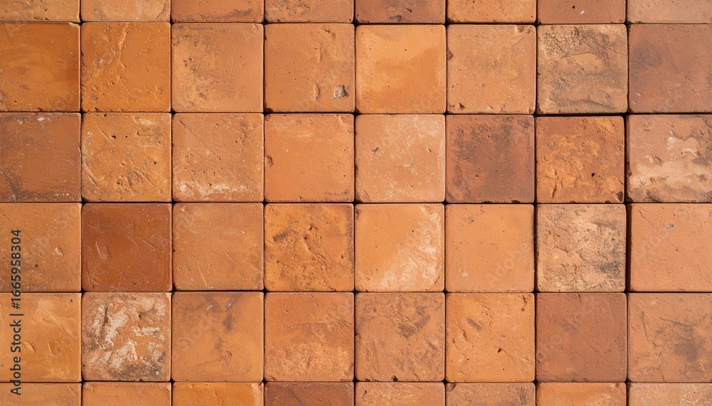 Naklejka premium A brown and red textured brick wall background shows a repeating pattern of old, rough stone and cement tiles