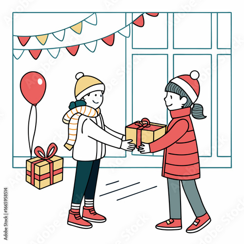 Children exchanging christmas gifts in a classroom celebration isolated on white background isolated on transparent background