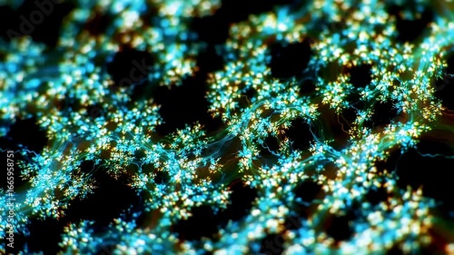 Abstract field of luminous blue-green, branch-like shapes against a dark background
