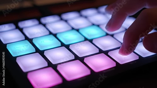 Close-up of a hand operating a colorful music production grid pad