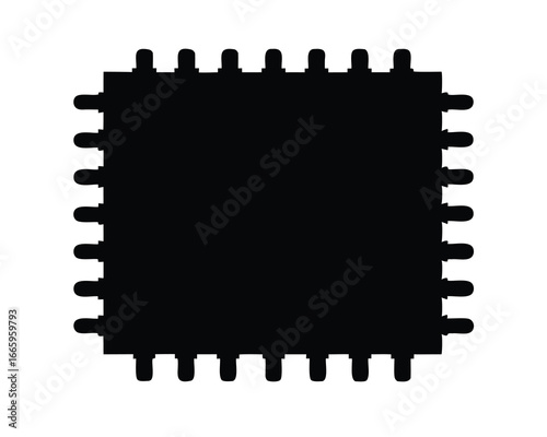 Black and white silhouette of a square chip with pin connectors all around