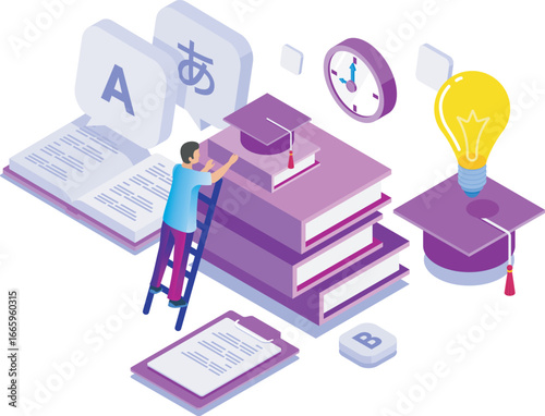Education Isometric Illustration, Education and Learning Isometric Illustration – Language Study, Knowledge, and Academic Success