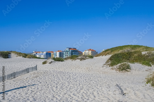 Portugal, Aveiro, praia da Barra, beautiful beach in summer, with houses
