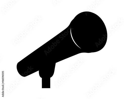 A simple black silhouette of a microphone on a white background