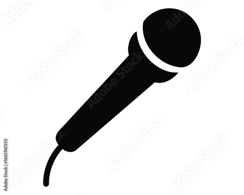 A black and white microphone icon, standing out against a white background
