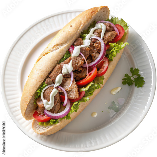 Delicious submarine sandwich with meat and vegetables isolated on transparent background