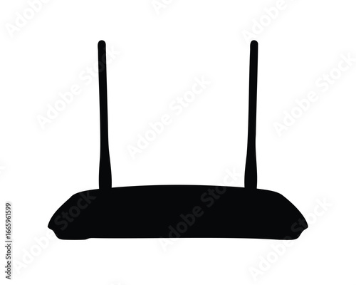 Silhouette of a wireless router modem with two antennas standing upright
