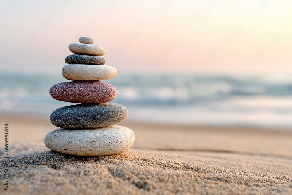 Fototapeta premium Stacked stones on beach sand at dawn. Soft focus ocean in background