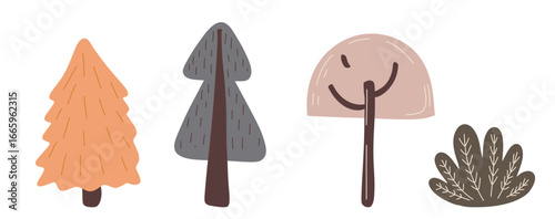 Set of stylized forest trees and bush in soft autumn colors, hand-drawn in a playful flat cartoon style. Ideal for children's book design, forest-themed prints, educational materials, stickers, season