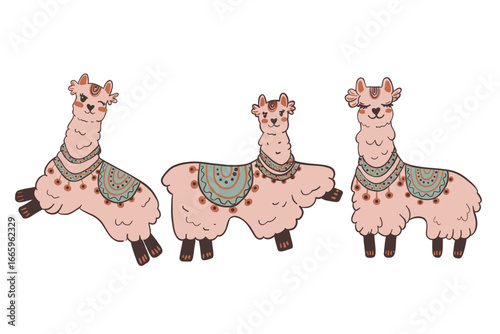 Adorable handdrawn llamas in different positions with decorative saddles. Great for nursery designs, kids party decor, DIY printables, and digital scrapbooking.