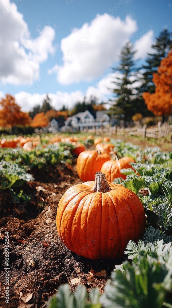 Abundant Pumpkin Patch on a Sunny Autumn Day with Blue Sky Abundant Pumpkin Patch on a Sunny Autumn Day with Blue Sky