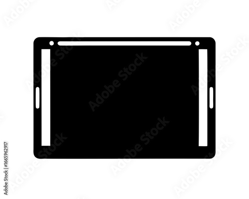 Stylized black and white image of a modern electronic tablet device