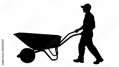 Silhouette of a man wearing a cap pushing a wheelbarrow filled with material on a white background view