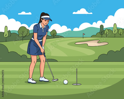 Putting Precision on the Green: A skilled golfer, gracefully poised on the manicured fairway, focuses intently as she lines up her putt, embodying the elegance and focus of the sport.